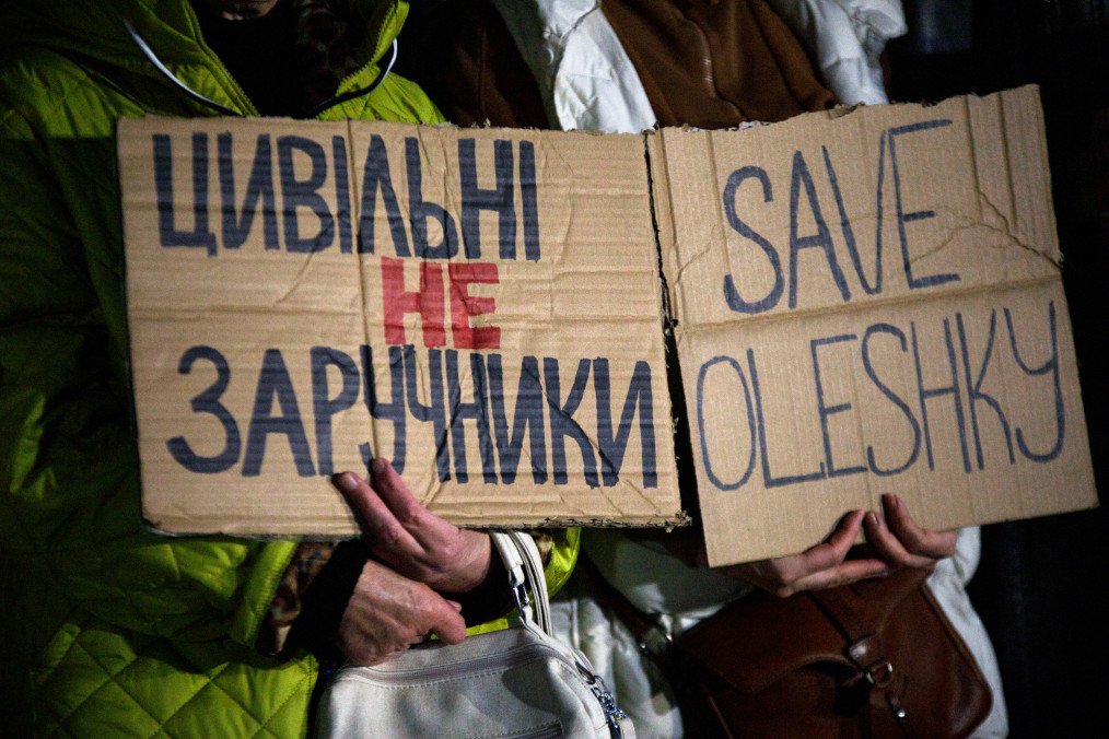 Activists hold placards bearing slogans during a rally in support of residents of Oleshky in Kyiv, Ukraine, on October 6, 2026. (Source: Getty Images) Activists hold placards bearing slogans during a rally in support of residents of Oleshky in Kyiv, Ukraine, on October 6, 2026. (Source: Getty Images)