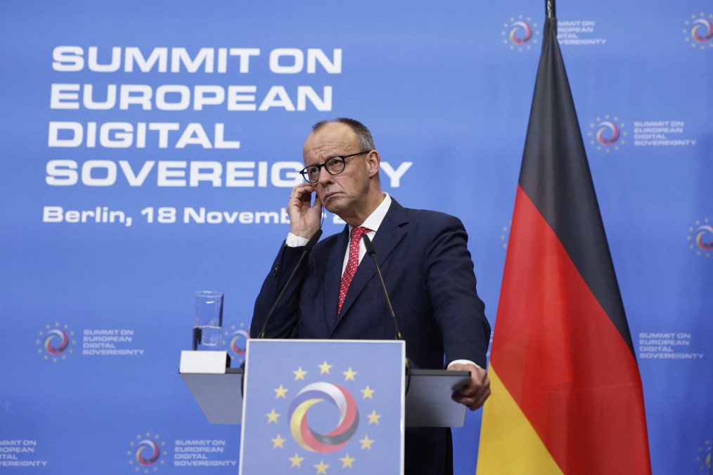 Germany’s Chancellor Friedrich Merz delivers a joint press conference with France’s President at a summit on Europe’s technological sovereignty, on November 18, 2025, in the EUREF Campus in Berlin. (Source: Getty Images) Germany’s Chancellor Friedrich Merz delivers a joint press conference with France’s President at a summit on Europe’s technological sovereignty, on November 18, 2025, in the EUREF Campus in Berlin. (Source: Getty Images)