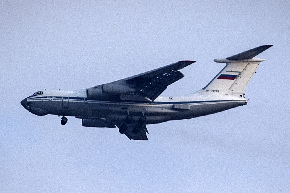 A Russian Air Force Ilyushin IL-76 transport airplane flies above the countryside near the city of Qamishli in Syria's northeastern Hasakah province on October 25, 2019. Illustrative photo. (Source: Getty Images)