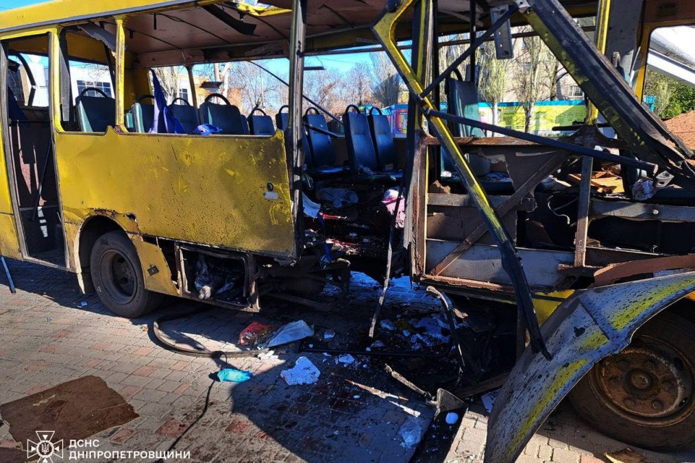 Close-up view of the destroyed bus interior and structural damage following the Russian strike in Nikopol. (Source: Office of the President)