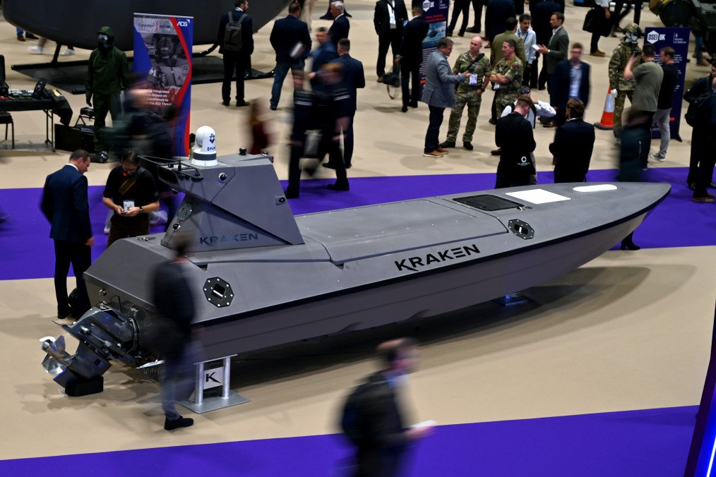 A Kraken Technology K3 Scout (USV) Uncrewed Surface Vessel is displayed at the Ministry of Defense UK Capability Showcase during the Security Equipment International (DSEI) at London Excel. (Source: Getty Images)