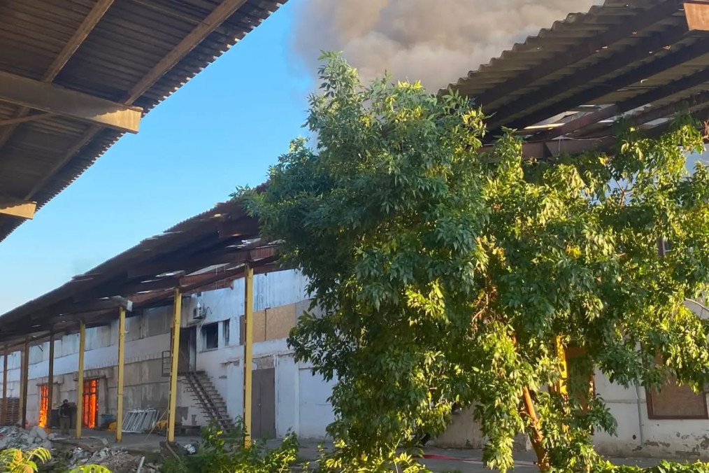 A fire burns at a Ukrainian Red Cross warehouse in Kherson following a Russian drone attack on August 23, 2026. (Source: Ukrainian Red Cross)