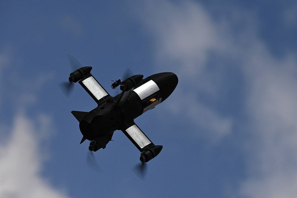 A Ukrainian P1-Sun interceptor drone during a test flight at an undisclosed location in Ukraine on March 19, 2026. (Source: Getty Images)