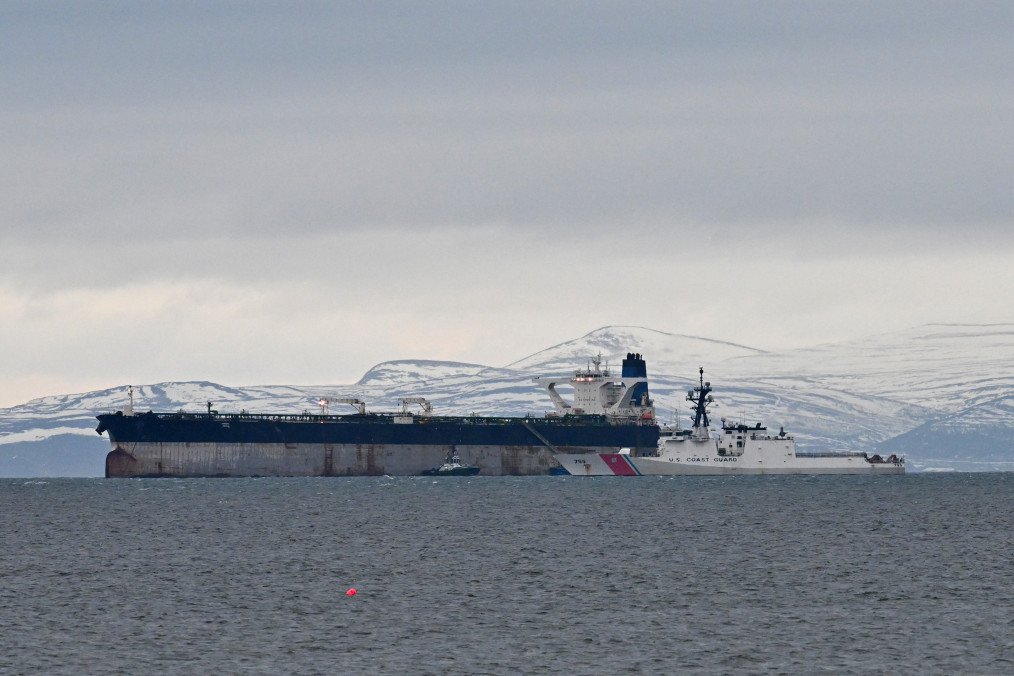 Illustrative image. An oil tanker, Marinera, is pictured alongside a US Coast Guard ship at sea in the Moray Firth, northern Scotland, on January 14, 2026. (Source: Getty Images)