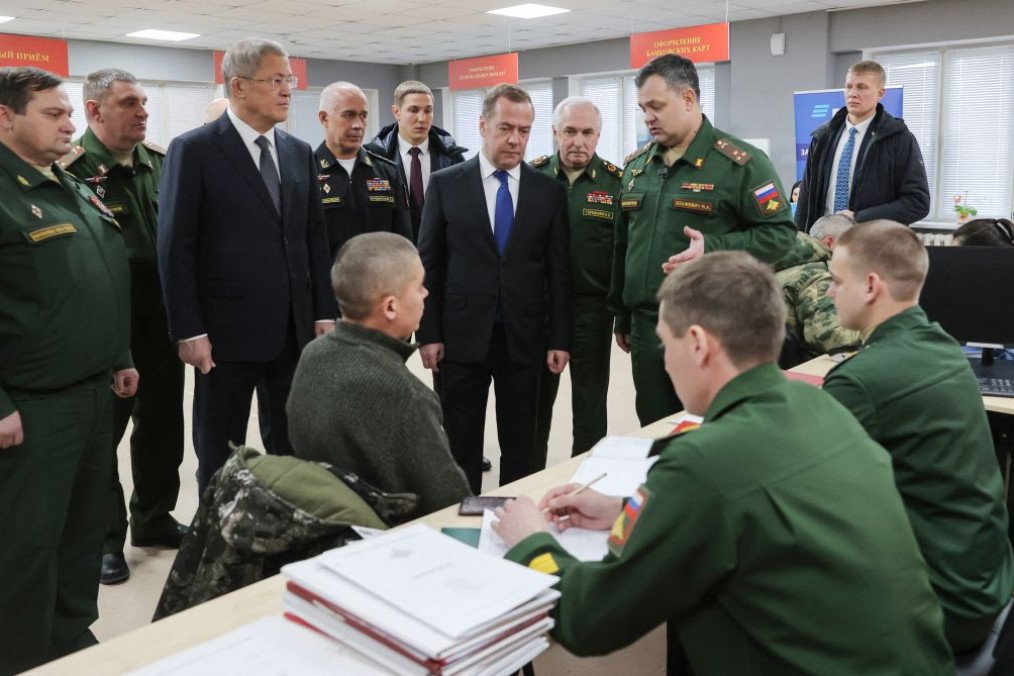 Russia’s Security Council Deputy Chairman Dmitry Medvedev visits a contract service enlistment office in Ufa on December 24, 2024. (Source: Getty Images)
