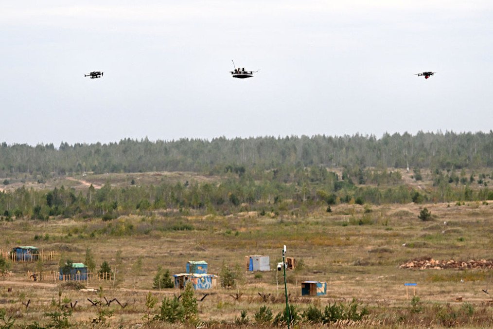 Drones fly during the “Zapad-2025” (West-2025) joint Russian-Belarusian military drills at a training ground near the town of Borisov, east of the capital Minsk, on September 15, 2025. (Source: Getty Images)