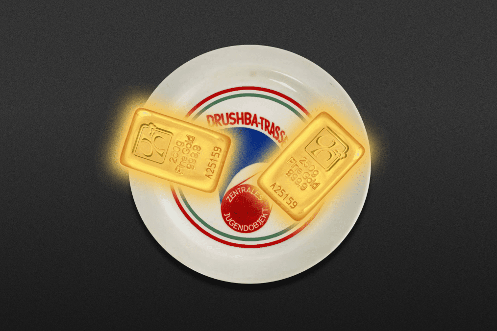 Illustrative image showing wo 250g gold bars are placed on a plate. (Source: Oleksandr Manukians/UNITED24 Media)