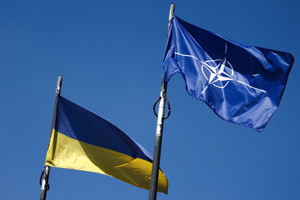 Flags of Ukraine and NATO are seen during the NATO Summit in Vilnius, Lithuania, on July 12, 2023.