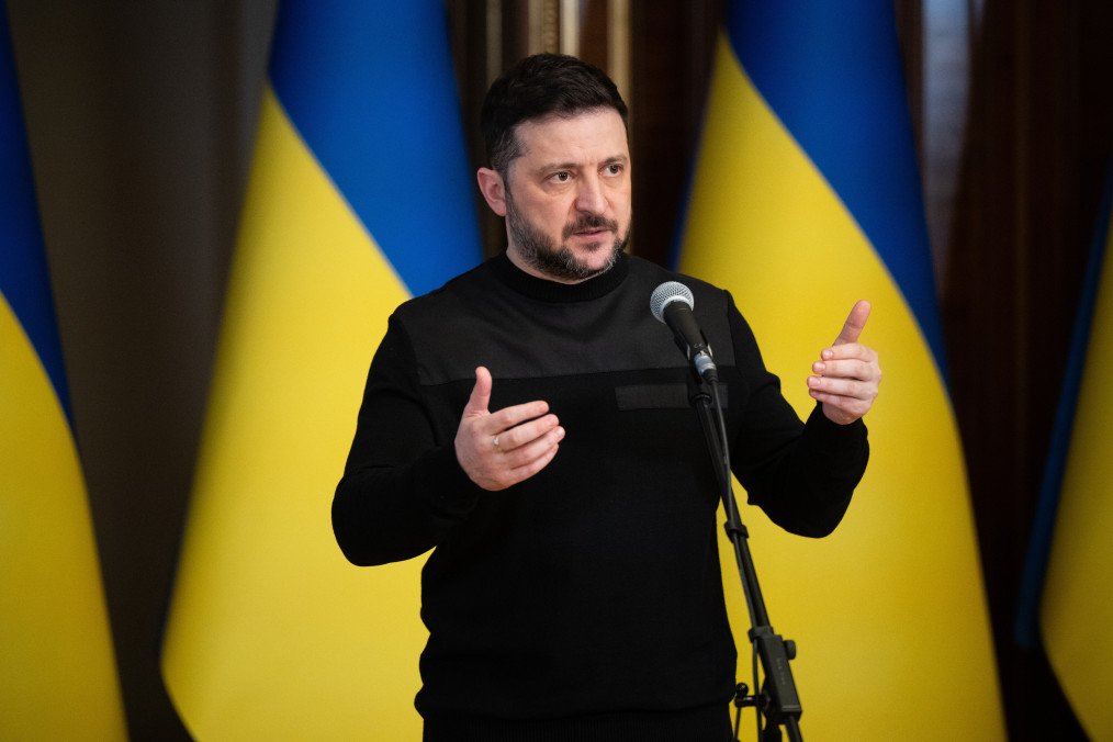 Ukrainian President Volodymyr Zelenskyy speaks during a press conference with senior Ukrainian officials in Kyiv on March 3, 2026. (Source: Getty Images)