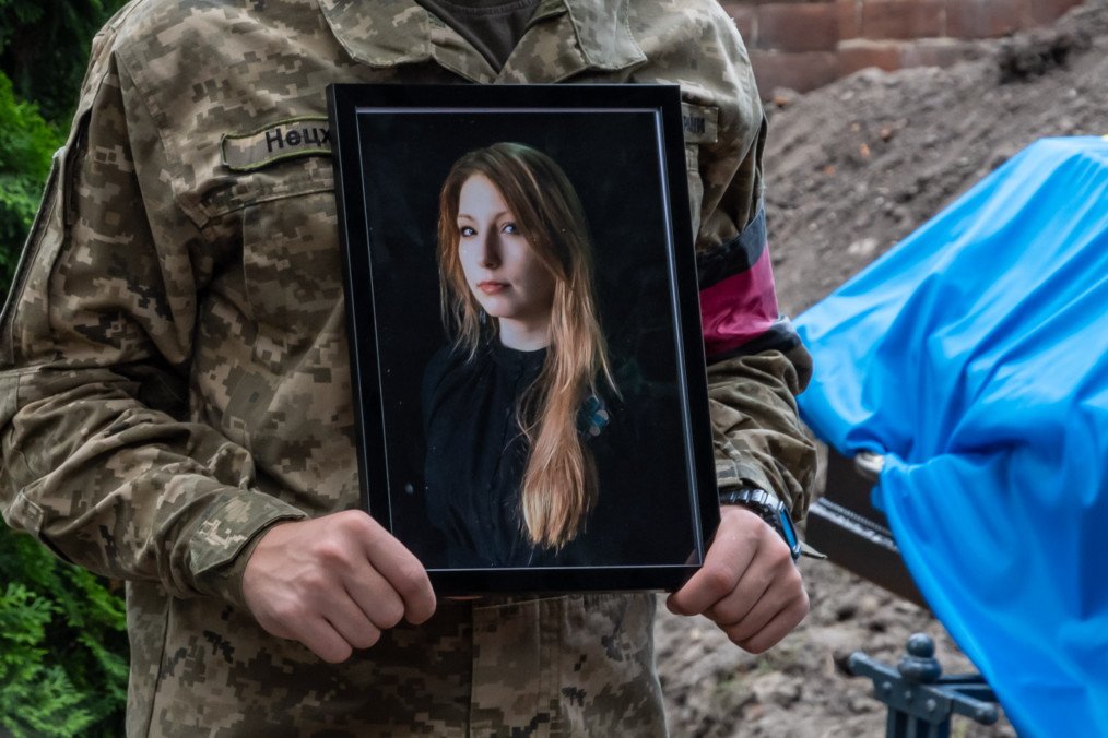 People attend the funeral ceremony of the famous Ukrainian writer Victoria Amelina at the Garrison Church, in Lviv, Ukraine, on July 5, 2023. (Source: Getty Images)