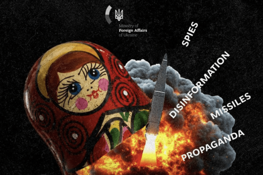 An illustration published by Ukraine’s Ministry of Foreign Affairs depicts Russian cultural influence as a vehicle for disinformation, propaganda, espionage, and missile attacks. (