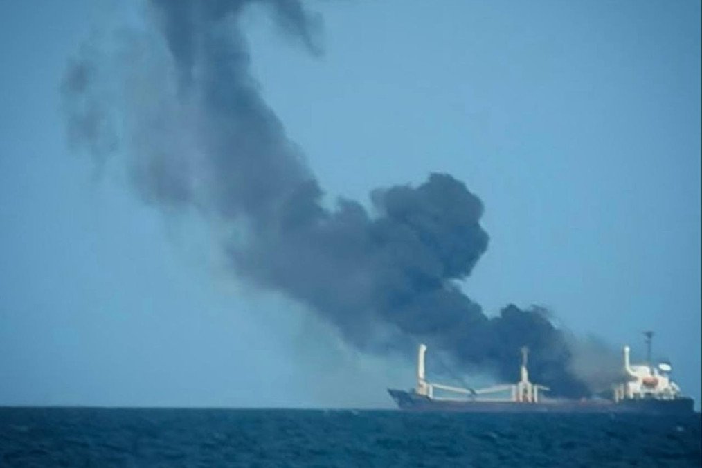 A large column of thick black smoke billows from a foreign merchant vessel at sea near Odesa following a Russian strike. (Source: Odesa Regional Military Administration) A large column of thick black smoke billows from a foreign merchant vessel at sea near Odesa following a Russian strike. (Source: Odesa Regional Military Administration)