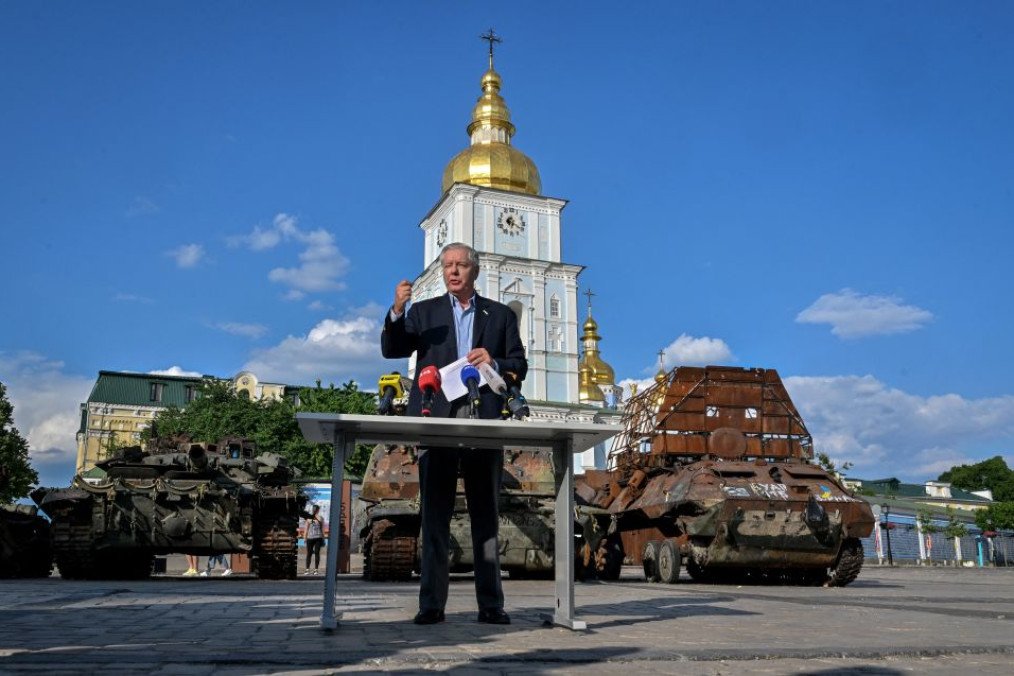 US Senator Lindsey Graham speaks during a press conference at an open air exhibition of destroyed Russian military vehicles in Kyiv, on May 26, 2023. (Source: Getty Images) US Senator Lindsey Graham speaks during a press conference at an open air exhibition of destroyed Russian military vehicles in Kyiv, on May 26, 2023. (Source: Getty Images)