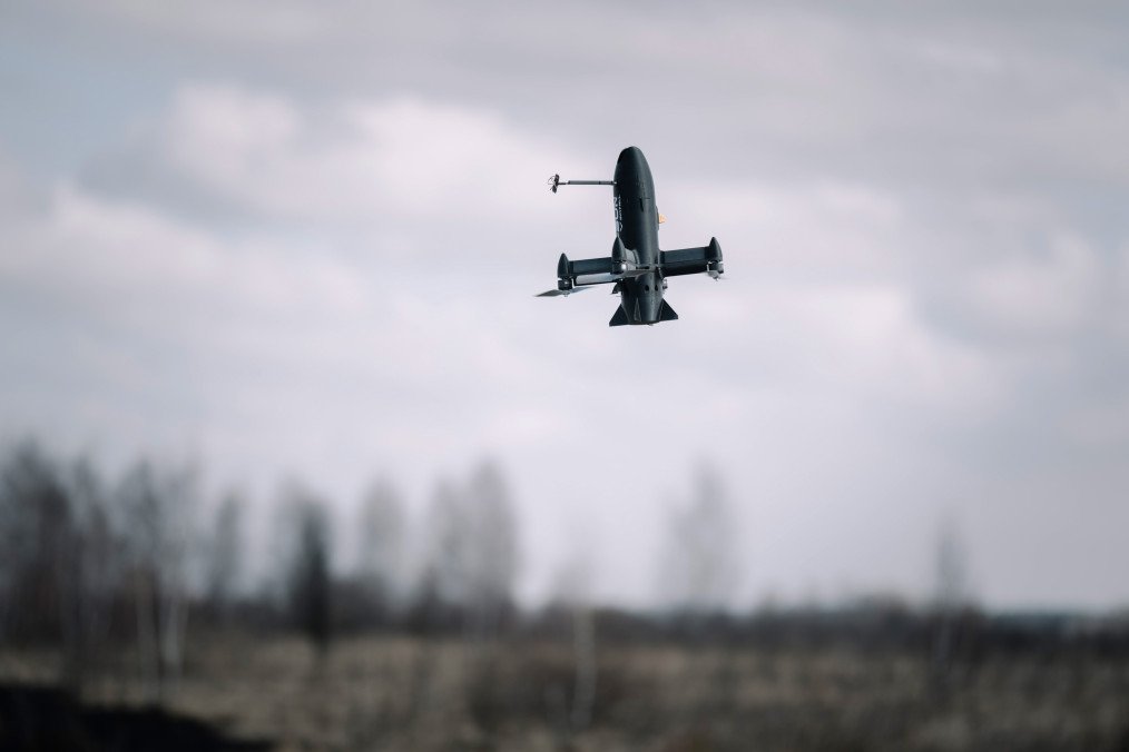 Skyfall P1-Sun FPV interceptor drone during test flight at an undisclosed location in Ukraine. (Source: Getty Images) Skyfall P1-Sun FPV interceptor drone during test flight at an undisclosed location in Ukraine. (Source: Getty Images)