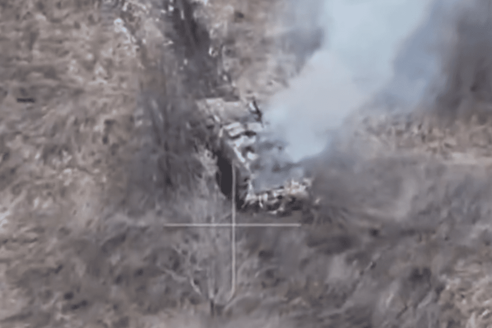 A Russian Typhoon armored vehicle burns after being struck by an FPV drone operated by Ukraine’s Omega Special Purpose Center deep behind Russian lines. (Source: Omega Special Purpose Center)