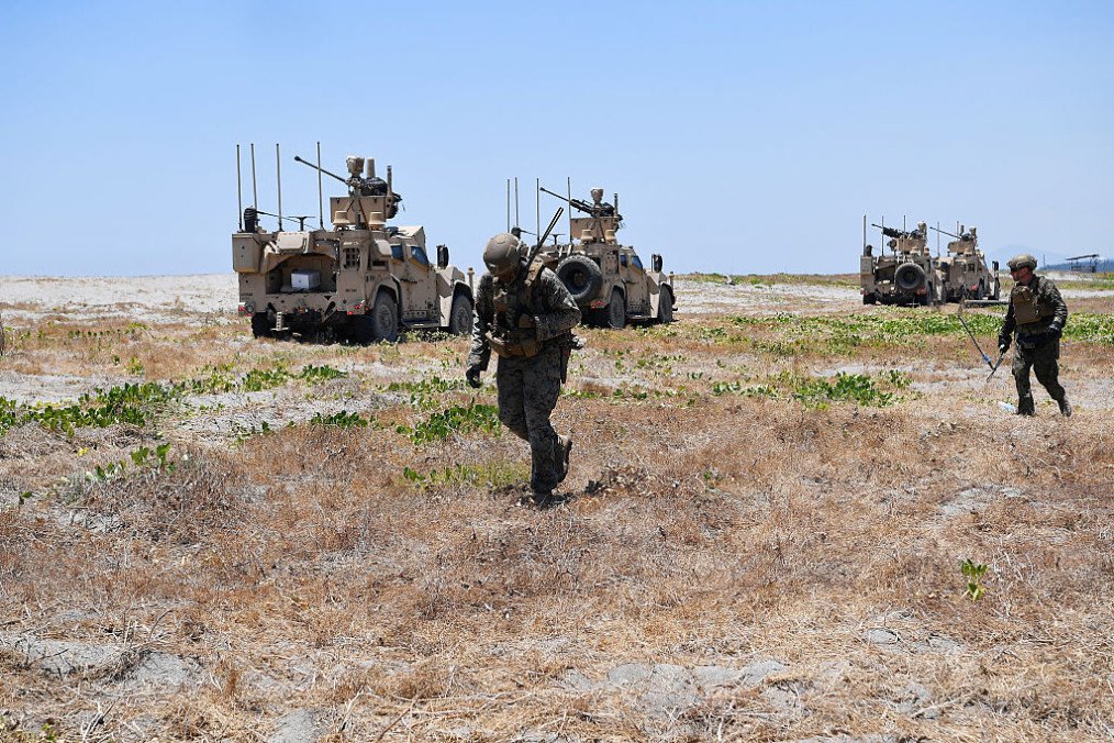 US marines prepare MADIS counter drone systems during the annual US-Philippines joint military exercise “Balikatan” at a naval training base in San Antonio town, Zambales province, north of Manila on April 27, 2025. (Source: Getty Images)