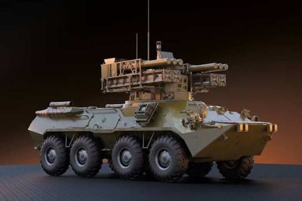 The Krona-E short-range air defense system displayed on an 8×8 armored chassis. The system is designed to engage drones, helicopters, and low-flying aircraft. (Source: Kalashnikov Concern)