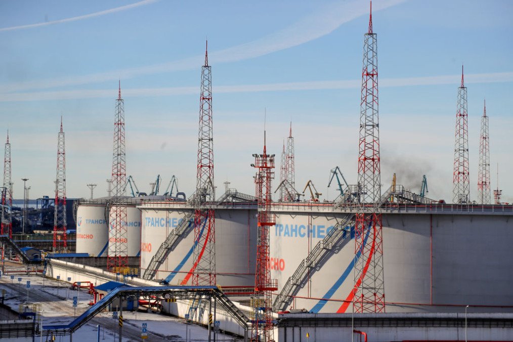 Tanks belonging to Transneft, a Russian state-owned company that operates the country’s oil pipelines, at the Ust-Luga oil terminal. (Source: Getty Images)