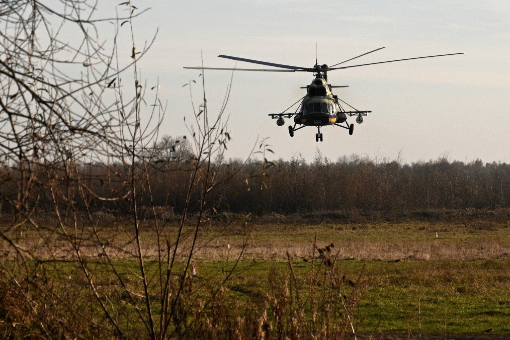 A Mi-8 military helicopter flies at low altitude during a training flight at an undisclosed location in the Lviv region on November 7, 2024. (Source: Getty Images)