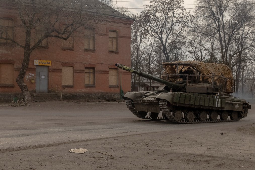 A Ukrainian tank drives on a road in a village in the Dnipropetrovsk region, on March 16, 2025.