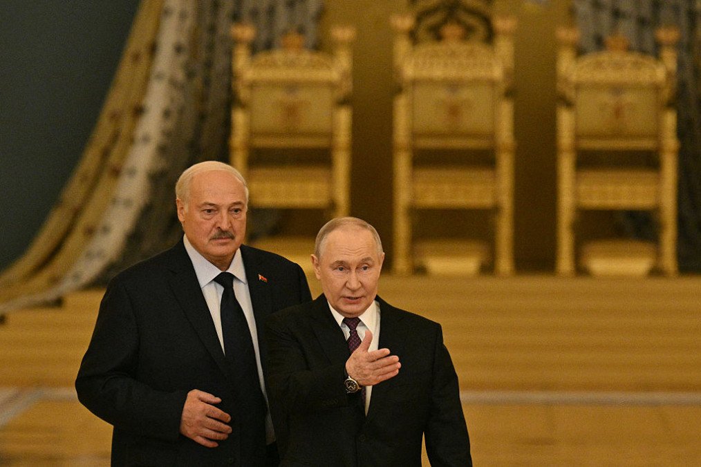 Russia’s leader Vladimir Putin (R) and Belarus' leader Alexander Lukashenko (L) arrive to attend a meeting of the Supreme State Council of the Union State of Russia and Belarus in Moscow on February 26, 2026. (Source: Getty Images)