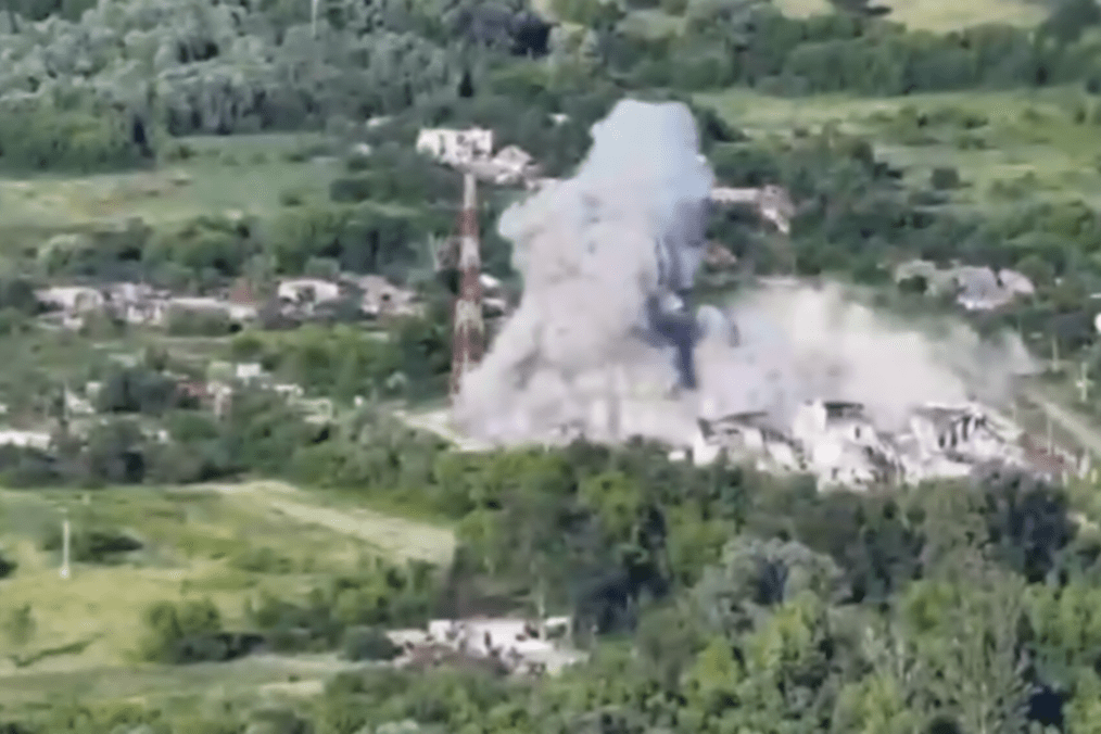A plume of smoke rises from a Russian staging area in Tyotkino, Kursk Region, following a Ukrainian MiG-29 precision air strike. (Source: OSINT channel Soniah_hub)