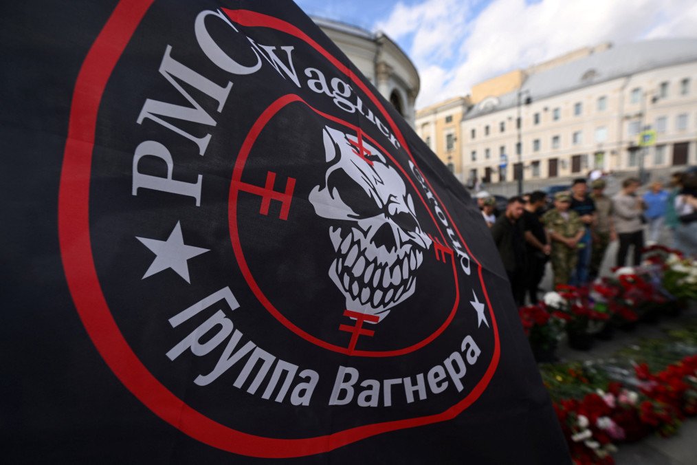 Wagner group flag displayed at a makeshift memorial for Yevgeny Prigozhin in Moscow, August 27, 2023, after Russian authorities confirmed his death in a plane crash. (Source: Getty Images)