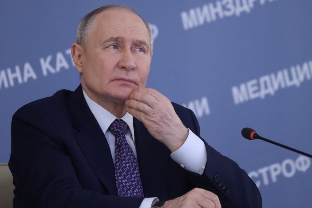 Russian leader Vladimir Putin looks on while visiting the Federal Center For Disaster Medicine, on April 28, 2026 in Moscow, Russia. (Source: Getty Images)