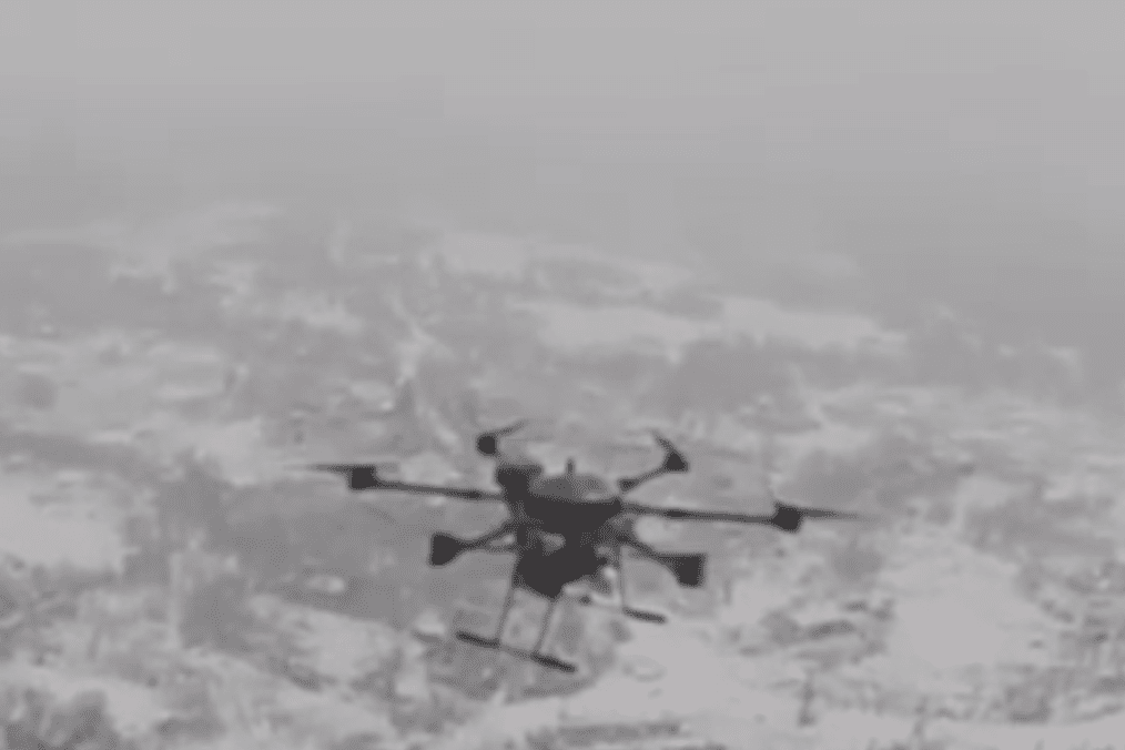 Russian heavy hexacopter bomber drone moments before Ukrainian drone struck it, March 2026. (Source: 81st Brigade)