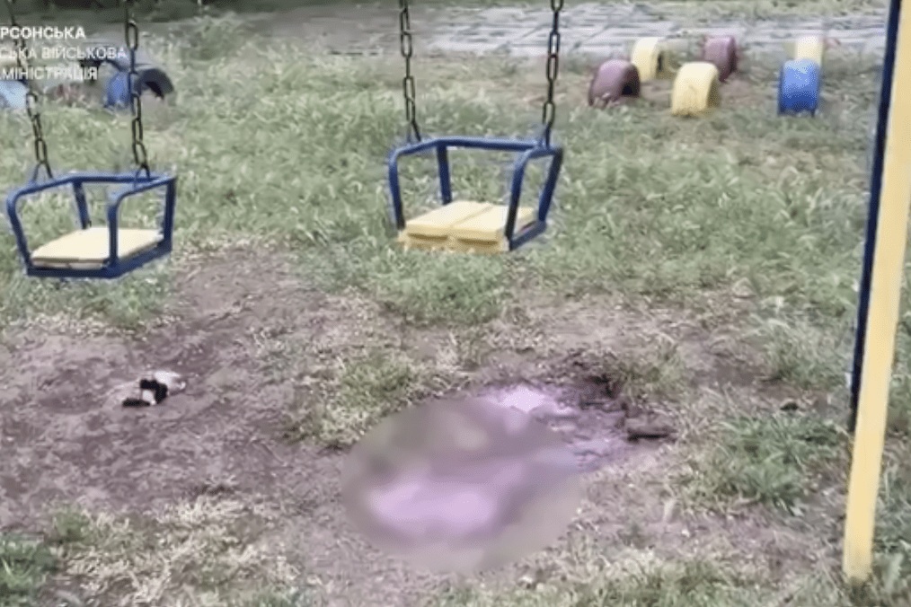 A children’s playground in Kherson after a Russian strike hit the area, killing a father and seriously injuring his wife and two young daughters.