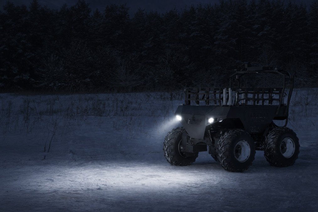 Varkhan ground robotic complex is operating at night using its infrared illumination system. Varkhan ground robotic complex is operating at night using its infrared illumination system.