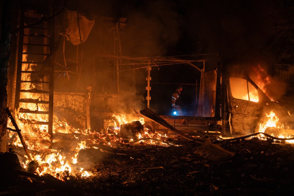 A fire burns in a destroyed building following a Russian missile strike on October 4, 2026, in Kharkiv, Ukraine. (Source: Getty Images)