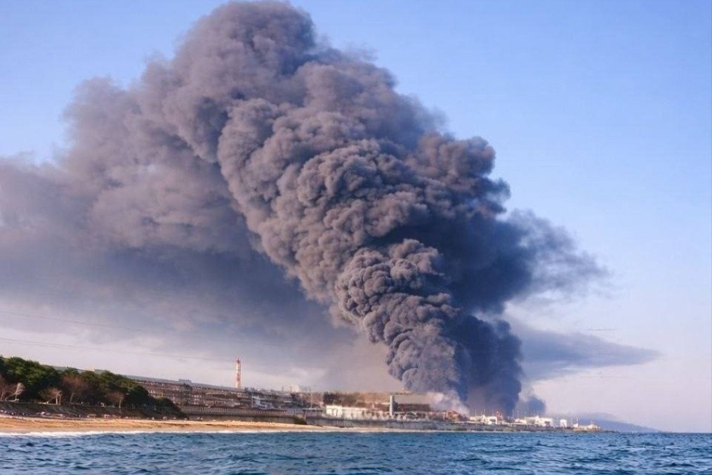 Thick black smoke rises over the Tuapse oil refinery on the Black Sea coast following a drone strike, April 2026. (Source: Russian media)