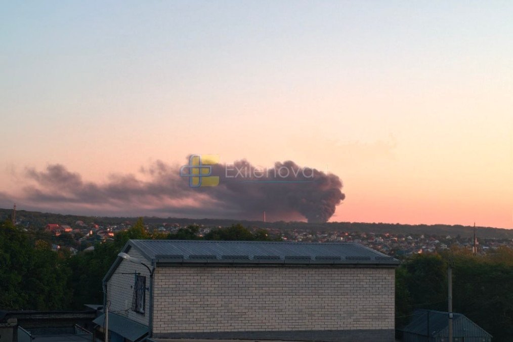 Smoke seen in the area near Mikhailovsk in the Stavropol region, rising from a damaged Russian oil depot, July 9, 2026.