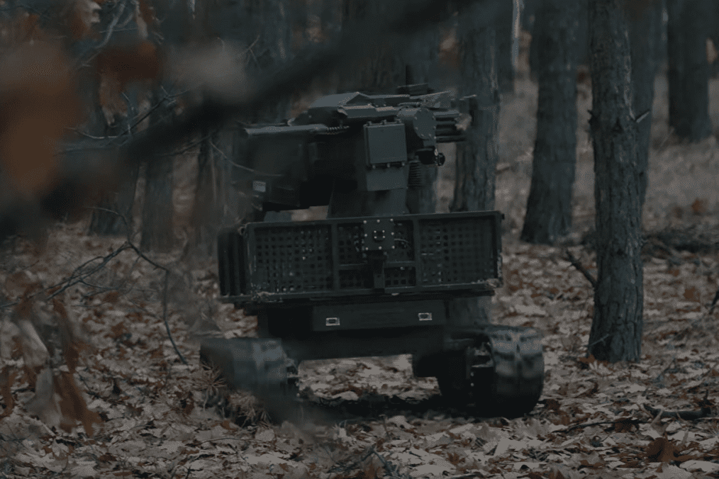 ARDAL mobile ground robotic platform with BUREVII robotic turret featuring a Mk 19 automatic grenade launcher. Illustrative photo. (Source: Frontline Robotics) ARDAL mobile ground robotic platform with BUREVII robotic turret featuring a Mk 19 automatic grenade launcher. Illustrative photo. (Source: Frontline Robotics)