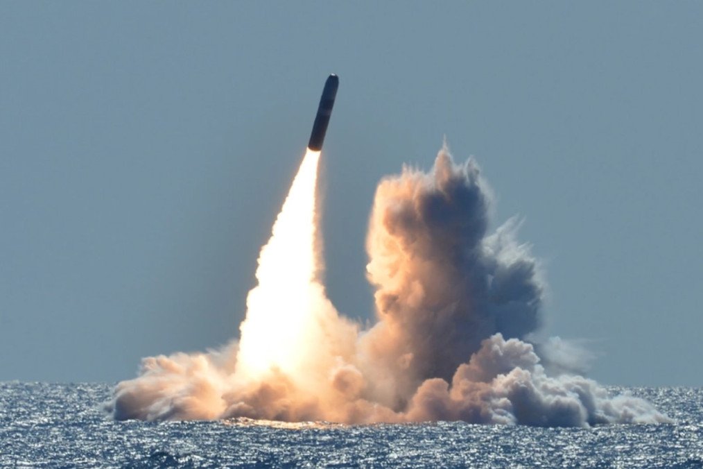 Sea launch of the UK Trident nuclear missile with a dummy warhead. (Source: Maks_NAFO_FELLA/X) Sea launch of the UK Trident nuclear missile with a dummy warhead. (Source: Maks_NAFO_FELLA/X)