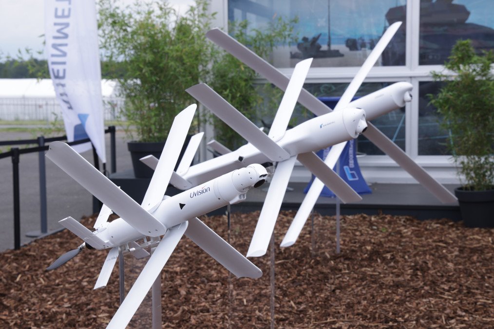 Rheinmetall HERO drones stand on display at the 2024 ILA Berlin Air Show on June 05, 2024, in Schoenefeld, Germany. (Source: Getty Images) Rheinmetall HERO drones stand on display at the 2024 ILA Berlin Air Show on June 05, 2024, in Schoenefeld, Germany. (Source: Getty Images)