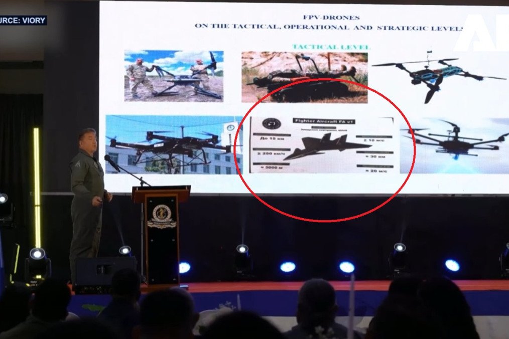 Ukrainian official presents the FA v1 jet‑powered drone concept at the Drone Warfare Summit in the Philippines. (Source: Defence Blog)