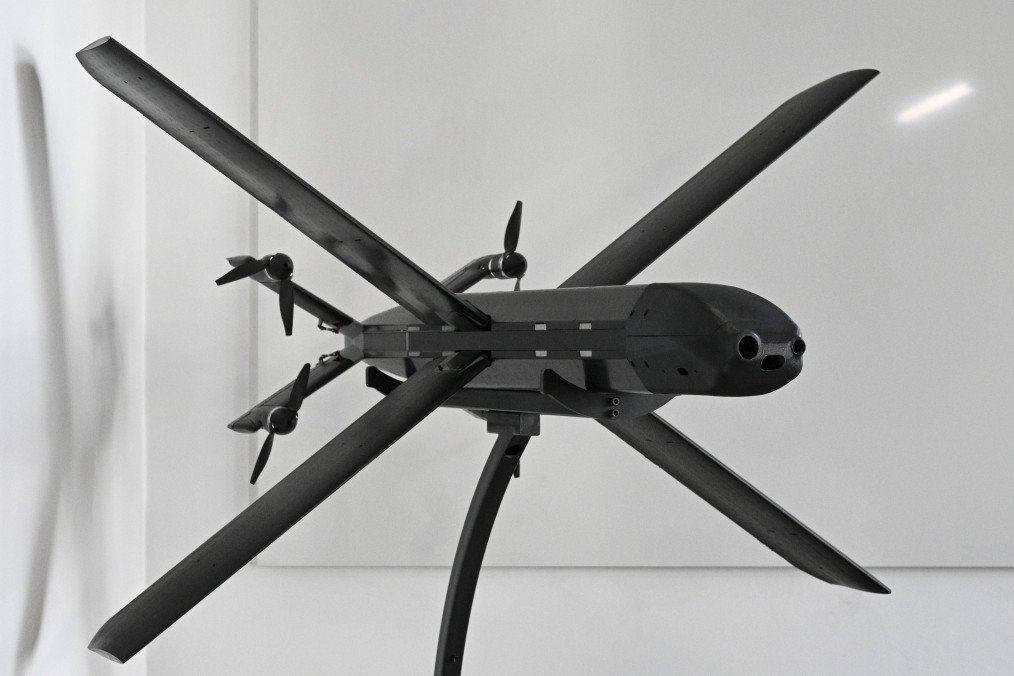 A model of the HX-2 drone on display at Helsing’s Berlin office, March 18, 2025. The company specializes in AI-driven defense technologies. (Photo: Getty Images)