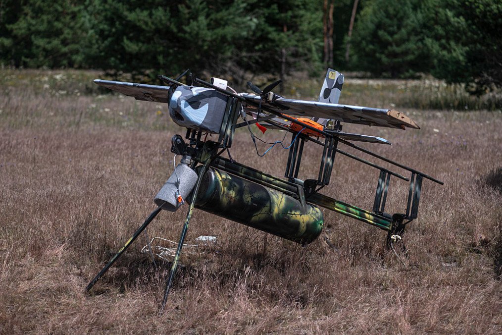 Ukrainian unmanned combat aerial vehicle is seen at a proving ground on June 26, 2026 in Zhytomyr Oblast, Ukraine. Illustrative image. (Source: Getty Images)