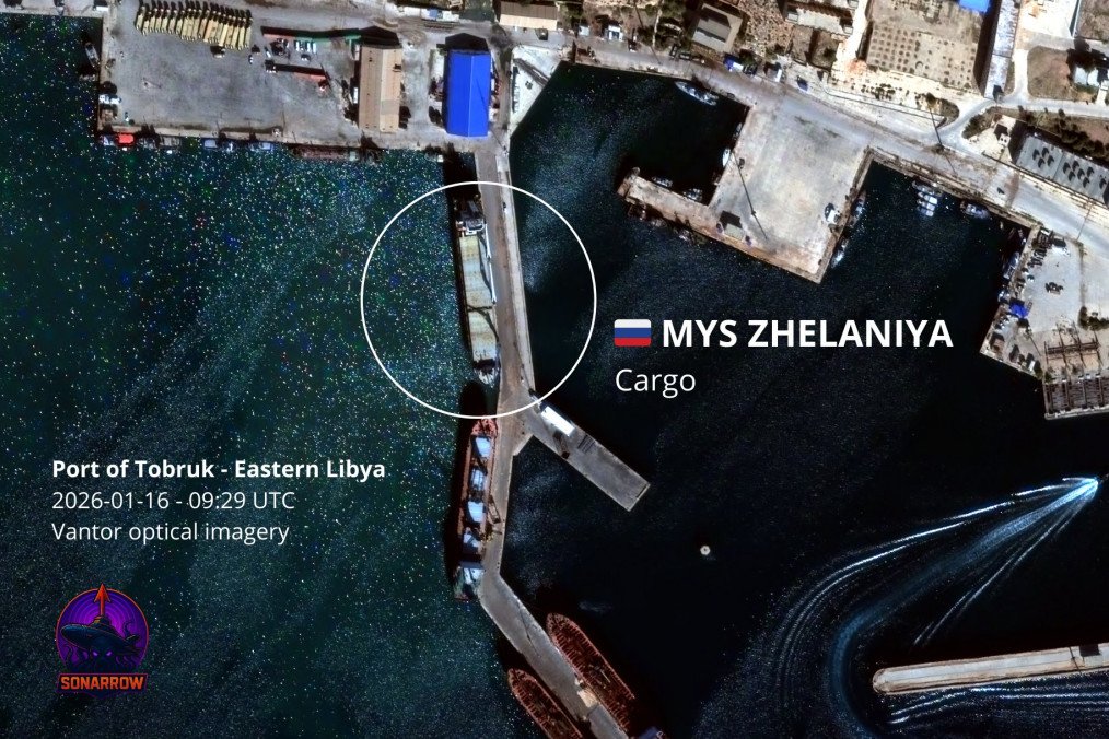 Russian vessel Mys Zhelaniya docked at Tobruk port, Libya, January 16, 2026. (Photo: SONARROW)