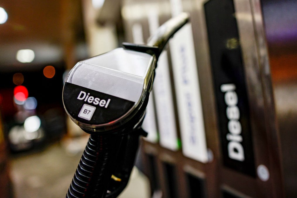 The pump nozzle at a gas station is labaeled “Diesel B7”. (Source: Getty Images)