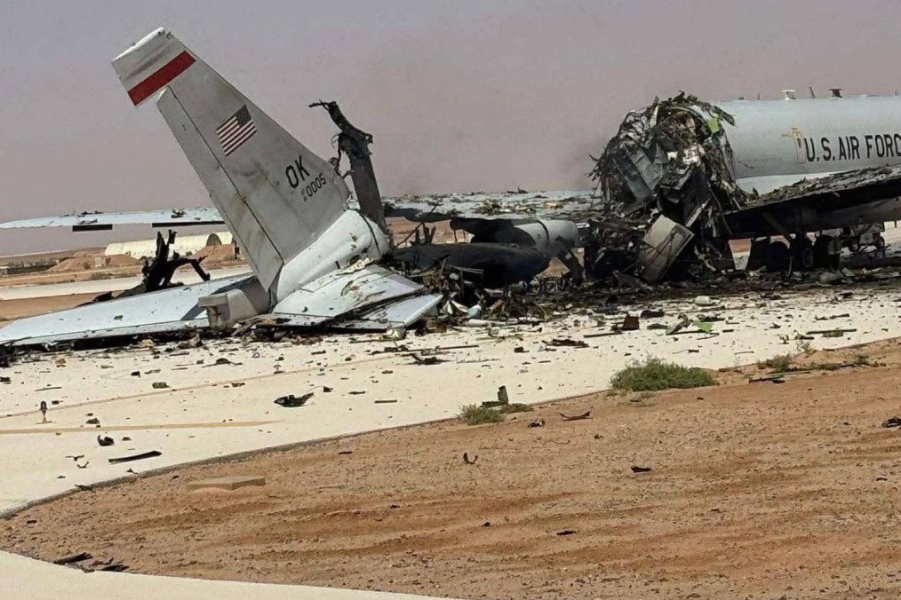 The severed tail of a US Air Force E-3 Sentry (AWACS) lies in ruins after a reported Iranian drone and missile strike at a Saudi air base. (Source: OSINT)