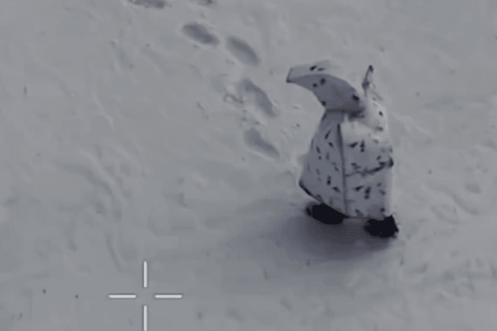 Russian camouflaged soldier moments before being hit by an FPV drone. (Source: 120th Territorial Defense Brigade)