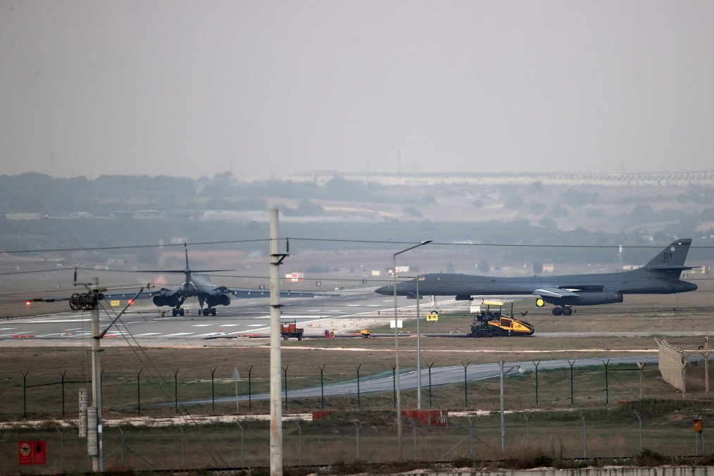 US Air Force B-1B Lancers assigned to the 9th Expeditionary Bomb Squadron, arrive at Incirlik Air Base for hot-pit refueling as part of a long-planned bomber task force training mission in Adana, Türkiye, on October 31, 2023. (Source: Getty Images)