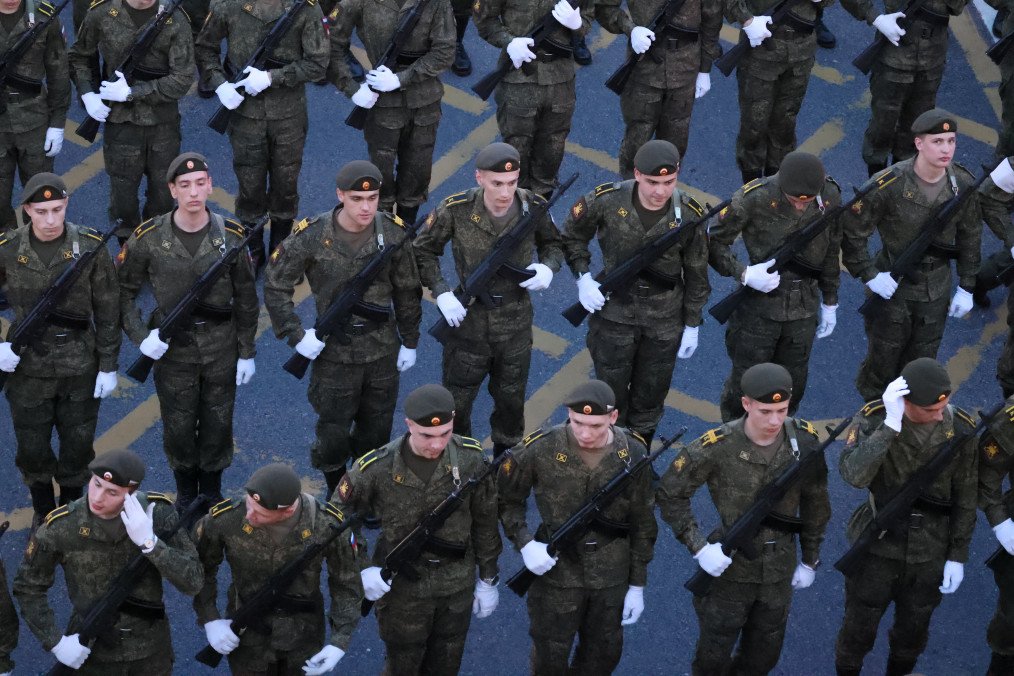 Russian military officers and cadets who will participate in the May 9 Red Square Military Parade, gather for the rehearsals, on May 4, 2026 in Moscow, Russia. (Source: Getty Images)