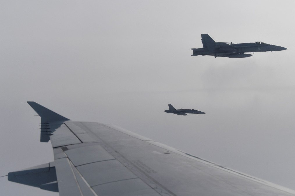 Finnish Air Force F-18s are seen during a NATO Baltic Air Policing drill simulating an interception of a civilian flight near Siauliai airport in Lithuania, on January 14, 2020. Illustrative image.