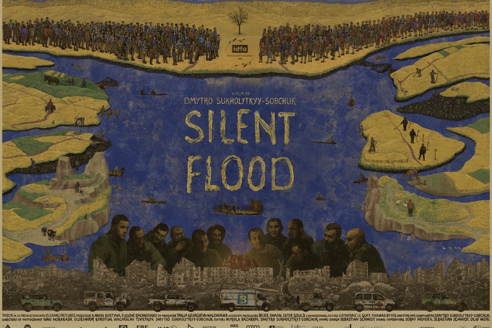 Poster for the documentary “Silent Flood” shows a divided landscape—peaceful rural life above and a war-torn city below—emphasizing the film’s themes of contrast and coexistence. Poster for the documentary “Silent Flood” shows a divided landscape—peaceful rural life above and a war-torn city below—emphasizing the film’s themes of contrast and coexistence.