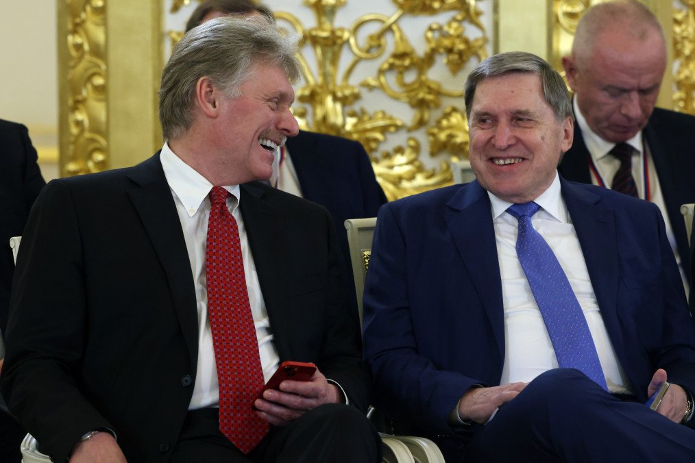 Kremlin spokesperson Dmitry Peskov (L) and Russian presidential aide Yuri Ushakov (R) attend a tripartite meeting at the Grand Kremlin Palace in Moscow, Russia, on May 25, 2023. (Source: Getty Images)