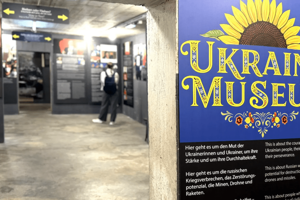 Entrance to the Ukraine Museum at Berlin Story Bunker, presenting an exhibition dedicated to Ukrainian resilience and Russian war crimes. (Source: Berlin Story)